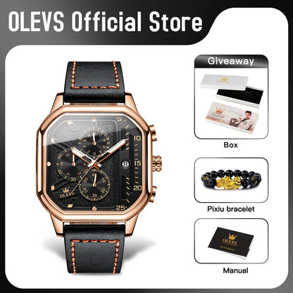 OLEVS 9950 Men's Watch - Square Sport, Waterproof, Leather Strap, Stopwatch, Backlight