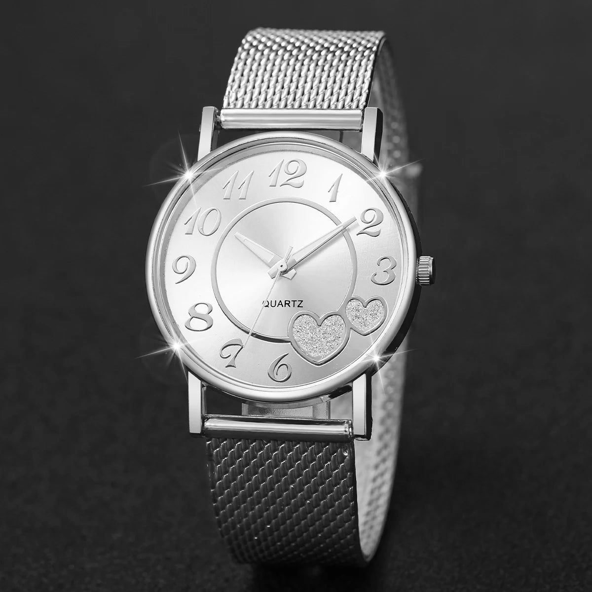 Women's Heart Dial Quartz Watch & Rhinestone Heart Jewelry Set - Plastic Band, 38mm, No Box