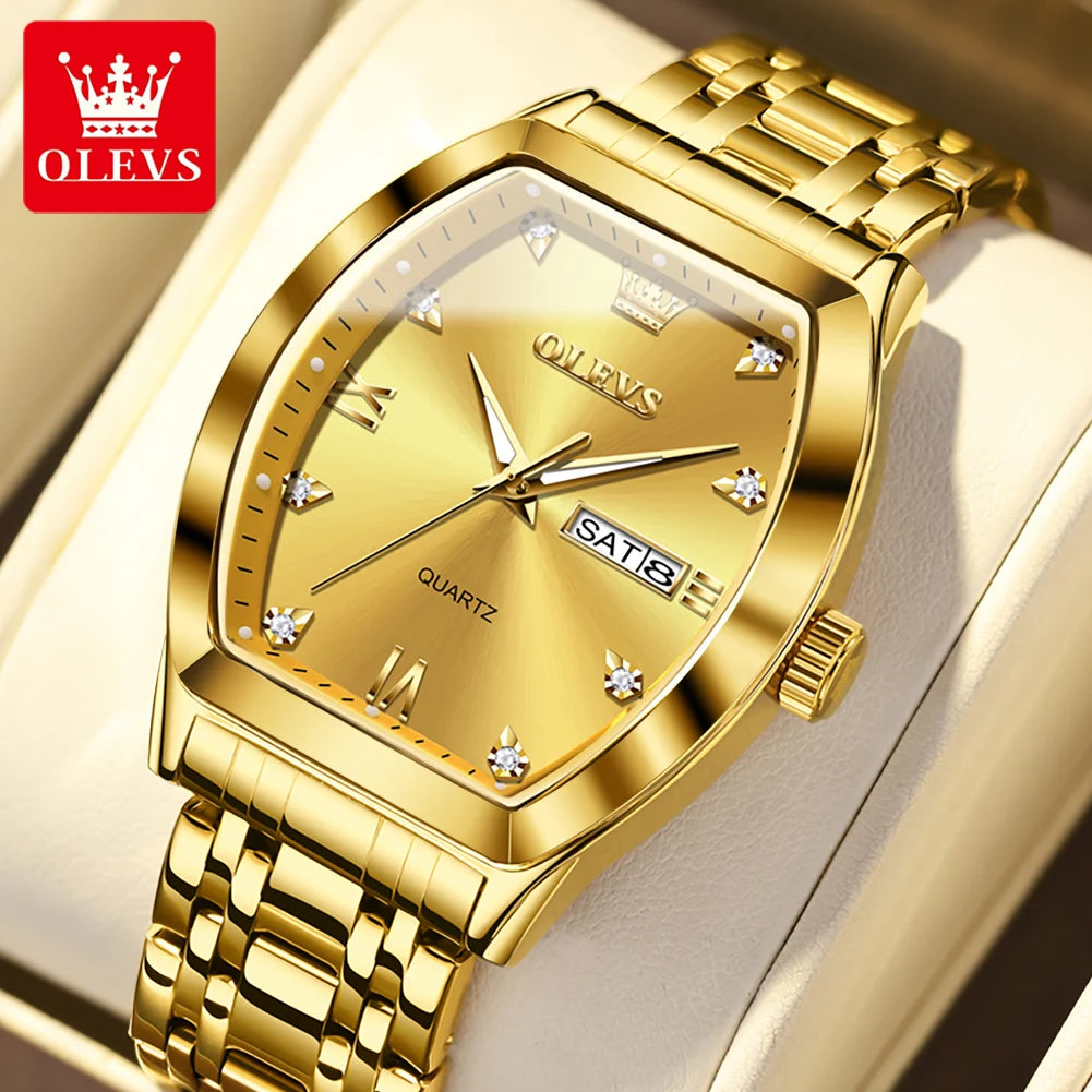 OLEVS 5528 Men's Watch - Luxury Gold, Tonneau Dial, Waterproof, Luminous, Business
