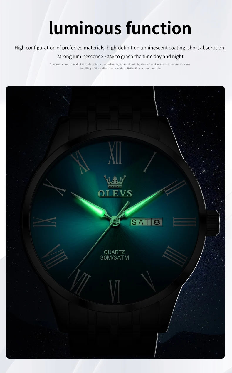 OLEVS 3633 Men's Watch - Business Simple, Waterproof, Luminous, Stainless Steel, Dual Calendar