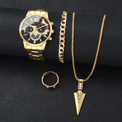 yolako 4pcs Men's Quartz Watch, Bracelet, Necklace & Ring Set - Alloy, Arabic Numeral, 40mm