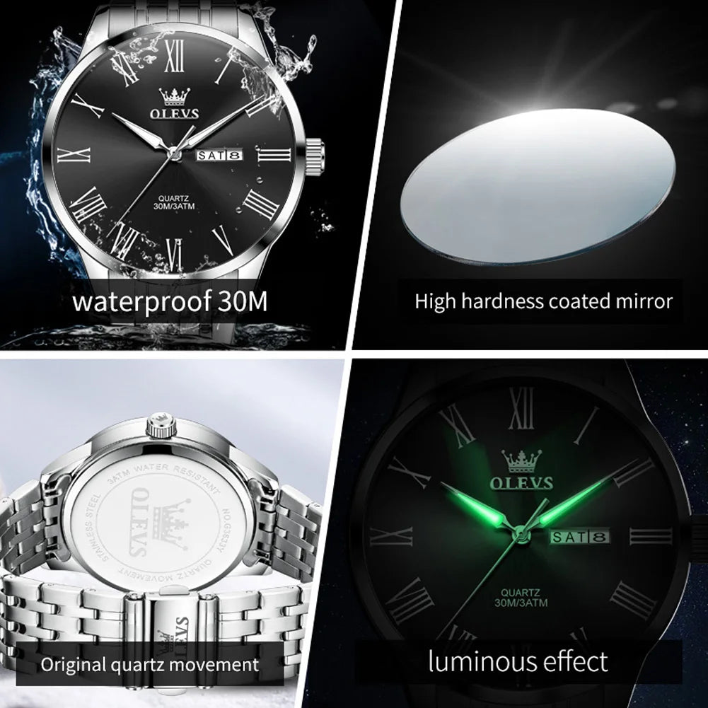 OLEVS 3633 Men's Watch - Business Simple, Waterproof, Luminous, Stainless Steel, Dual Calendar