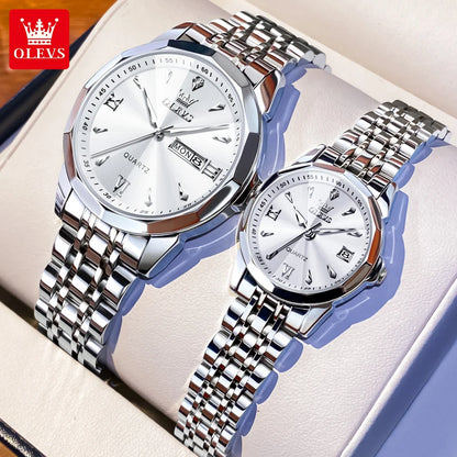 OLEVS 9998 Couple Watches - Rhombus Mirror, Luminous Date, Waterproof