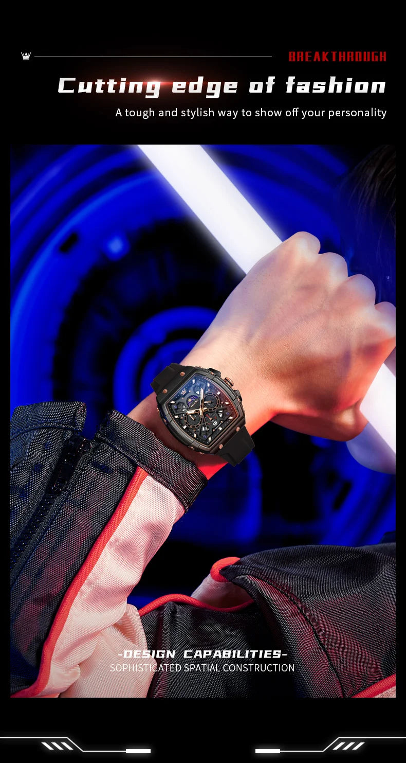 OLEVS 2492 Men's Watch - Tonneau Hollow Out, Moon Phase, Waterproof, Luminous, Silicone