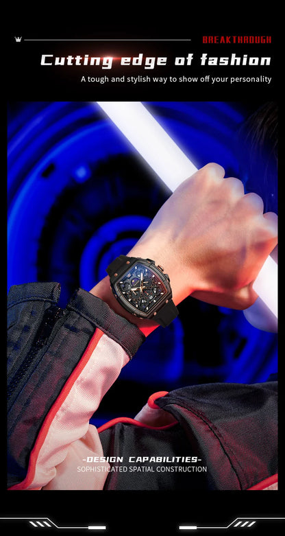OLEVS 2492 Men's Watch - Tonneau Hollow Out, Moon Phase, Waterproof, Luminous, Silicone