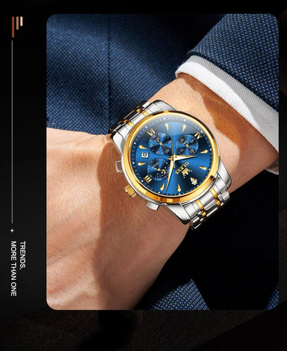 OLEVS Moon Phase Watch - Gold Blue Stainless Steel Chronograph