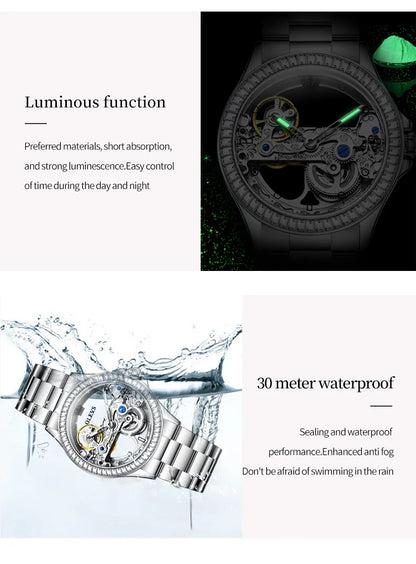 OLEVS 6699 Automatic Mechanical Watch - Transparent 40mm Big Dial, Bracelet Set, Luxury