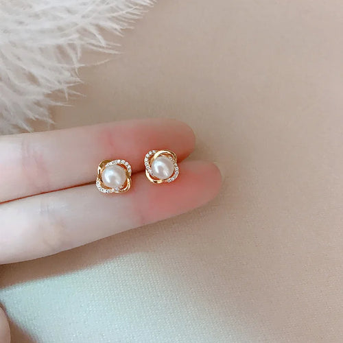 14K Gold Stud Earrings - Zircon and Pearl Twist Design