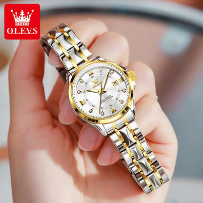 OLEVS 2906 Couple Watch - Roman Scale, Diamond Dial, Rhombus Strap, Waterproof