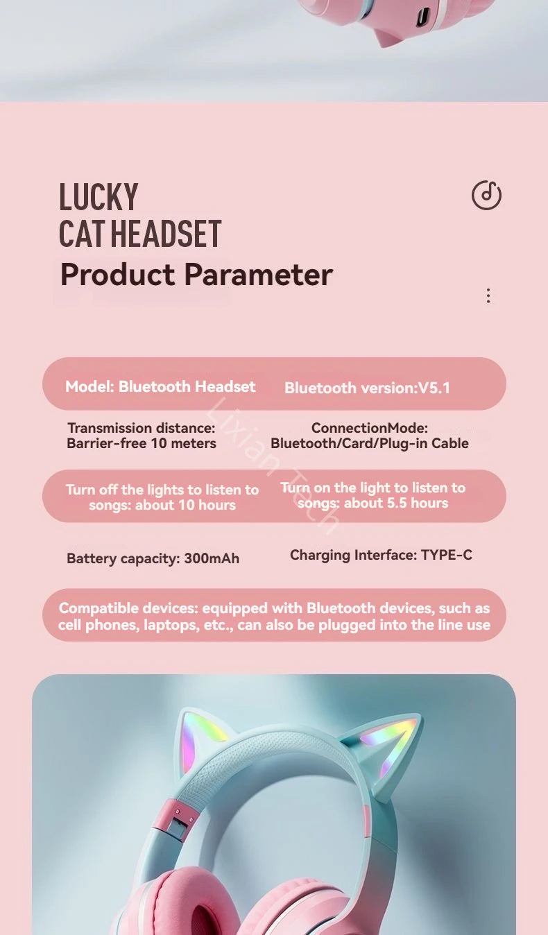 RGB Cat Ear Bluetooth Earphones 5.3 - Wireless Gaming Headset