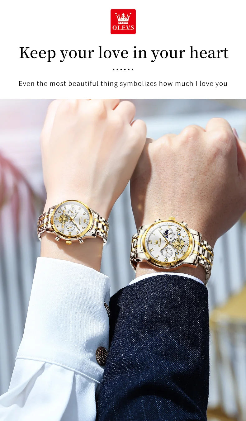 OLEVS 2859+2897 Couple Watch - Stainless Steel, Waterproof, Chronograph, Moon Phase, Flywheel