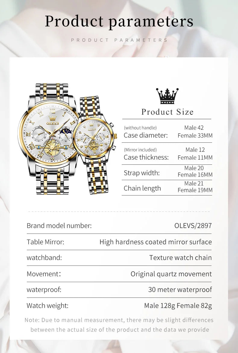 OLEVS 2859+2897 Couple Watch - Stainless Steel, Waterproof, Chronograph, Moon Phase, Flywheel