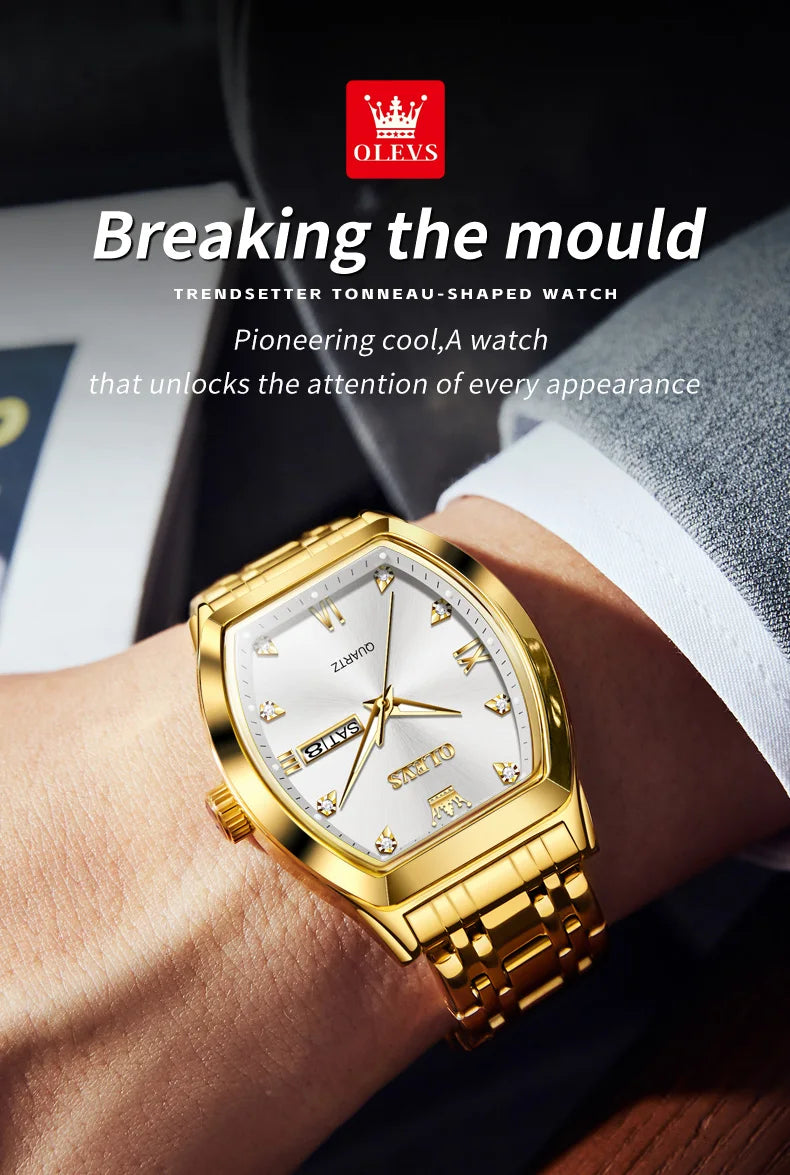 OLEVS 5528 Men's Watch - Luxury Gold, Tonneau Dial, Waterproof, Luminous, Business