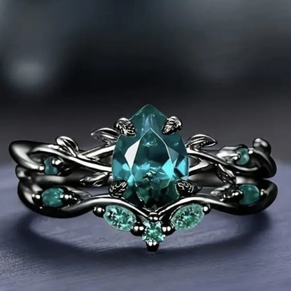 Black & Green Stone Ring Set - Flower Design Wedding Rings