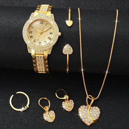 Women's Diamond Roman Numeral Quartz Watch & Heart Jewelry Set - Alloy Band, 32mm, No Box