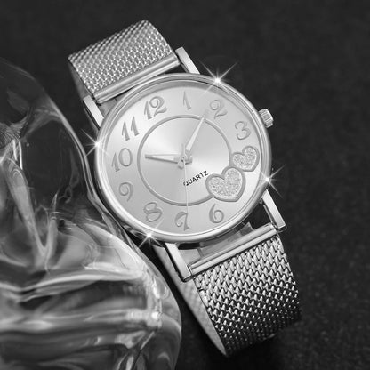 Women's Heart Dial Quartz Watch & Rhinestone Heart Jewelry Set - Plastic Band, 38mm, No Box