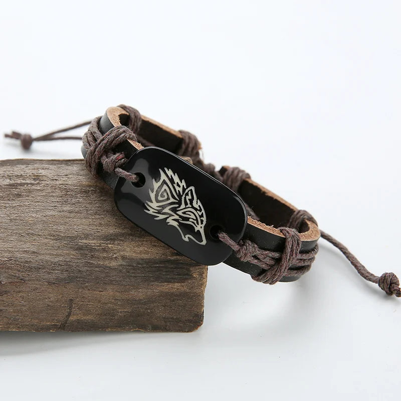 Wolf Pendant Leather Bracelet - Adjustable Tribal Wristband for Men