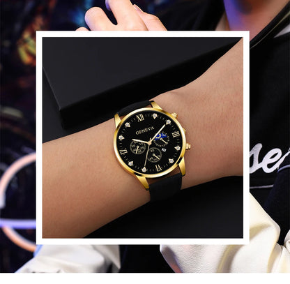 DEYROS 2pcs Men's Luxury Quartz Watch & Bracelet Set - Leather Band, Numberless Dial, No Box