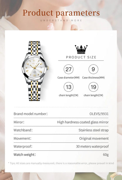 OLEVS 9931 Women's Watch - Stainless Steel, Dual Calendar, Luxury, Waterproof, Jewelry Set