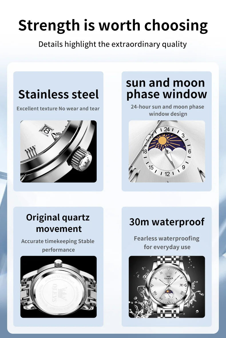 OLEVS Top Brand Men's Watches Fashion Original Quartz Watch for Man Waterproof Stainless Steel Luminous Wristwatch Moon Phase