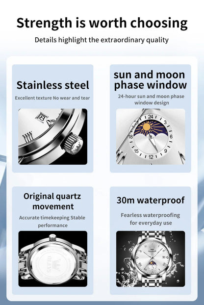 OLEVS Top Brand Men's Watches Fashion Original Quartz Watch for Man Waterproof Stainless Steel Luminous Wristwatch Moon Phase