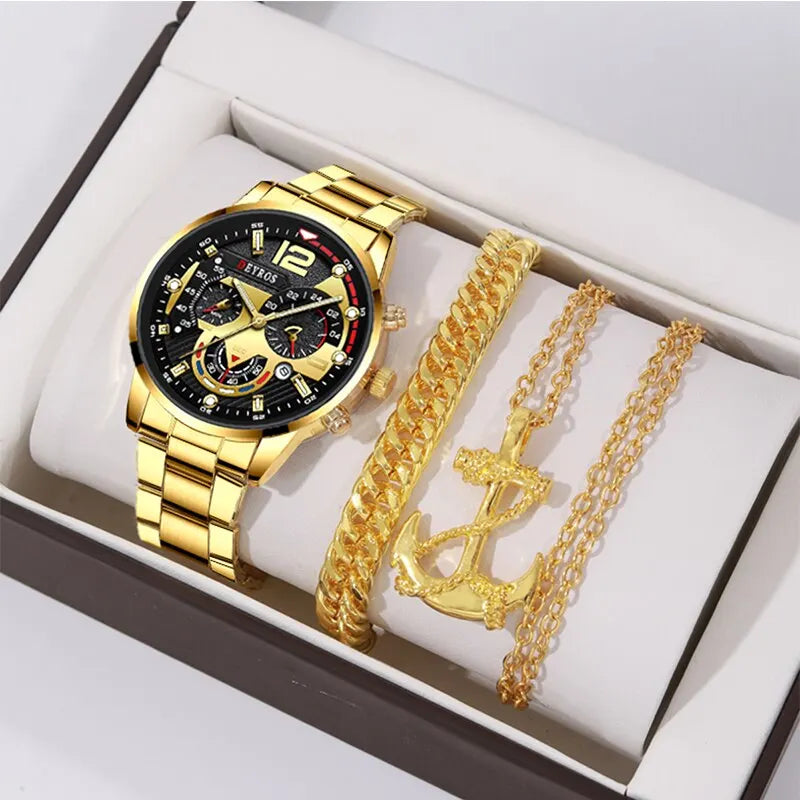 DEYROS 3pcs Men's Quartz Watch, Necklace & Bracelet Set - Stainless Steel, Hardlex, Auto Date