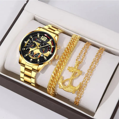 DEYROS 3pcs Men's Quartz Watch, Necklace & Bracelet Set - Stainless Steel, Hardlex, Auto Date