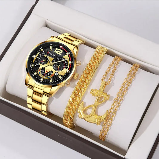 DEYROS 3pcs Men's Quartz Watch, Necklace & Bracelet Set - Stainless Steel, Hardlex, Auto Date
