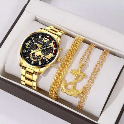 DEYROS 3pcs Men's Quartz Watch, Necklace & Bracelet Set - Stainless Steel, Hardlex, Auto Date
