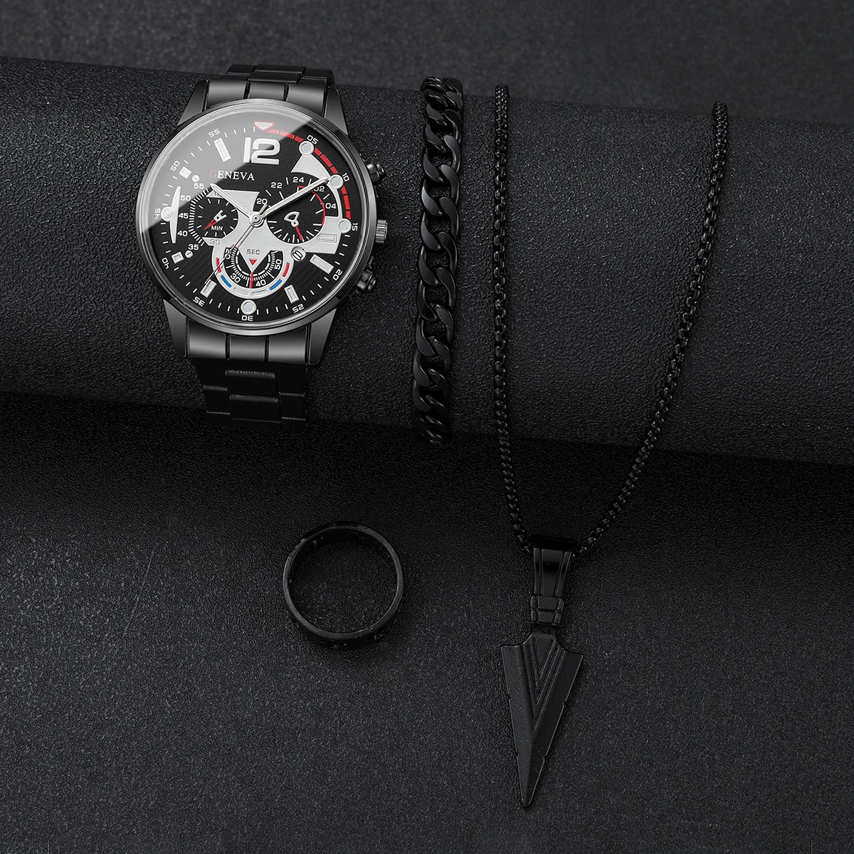 yolako 4pcs Men's Quartz Watch, Bracelet, Necklace & Ring Set - Alloy, Arabic Numeral, 40mm