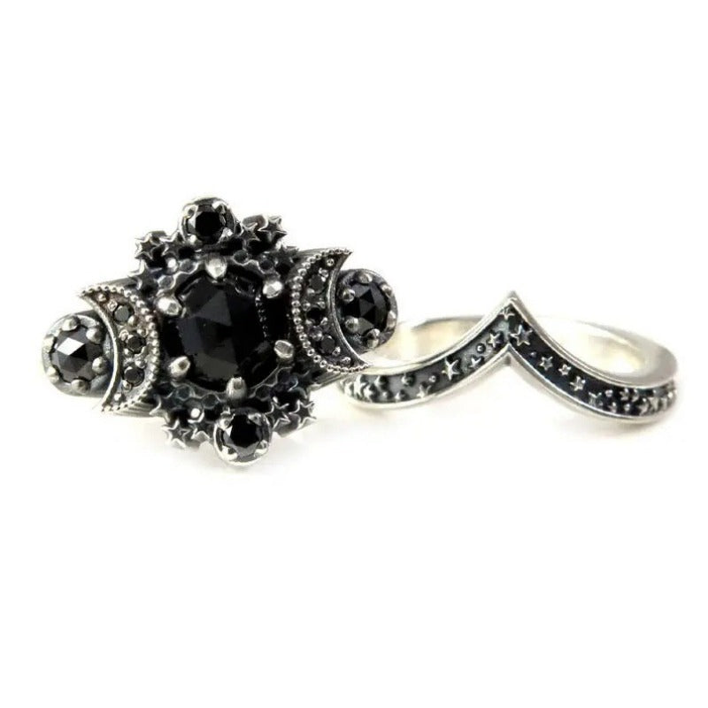 Gothic Moon & Pentagram Ring Set - Vintage Black Celestial Jewelry