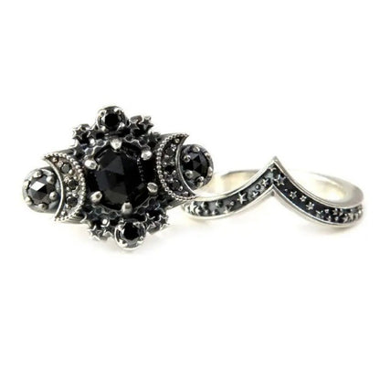 Gothic Moon & Pentagram Ring Set - Vintage Black Celestial Jewelry