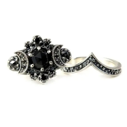 Gothic Moon & Pentagram Ring Set - Vintage Black Celestial Jewelry