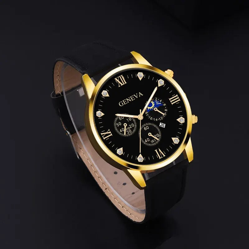 DEYROS 2pcs Men's Luxury Quartz Watch & Bracelet Set - Leather Band, Numberless Dial, No Box