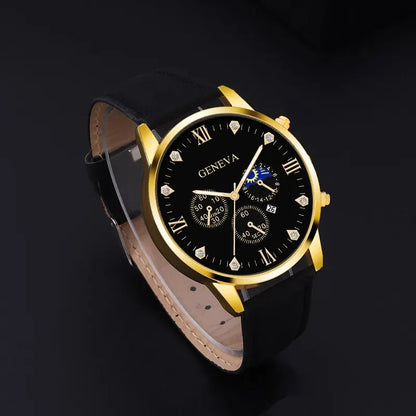 DEYROS 2pcs Men's Luxury Quartz Watch & Bracelet Set - Leather Band, Numberless Dial, No Box