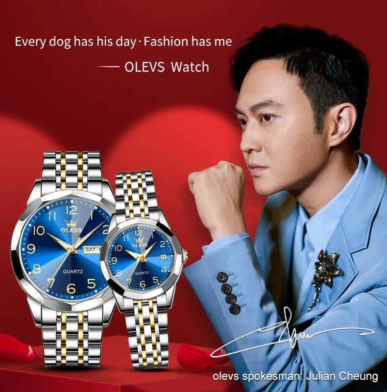 OLEVS 9970 Couple Watch - Luxury, Stainless Steel, Waterproof, Calendar, Digital Dial, Rhombus Mirror