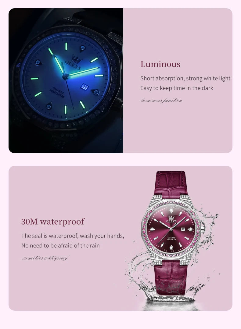 OLEVS 5606 Original Diamond Watch - Leather Strap, 3M Waterproof, Luminous