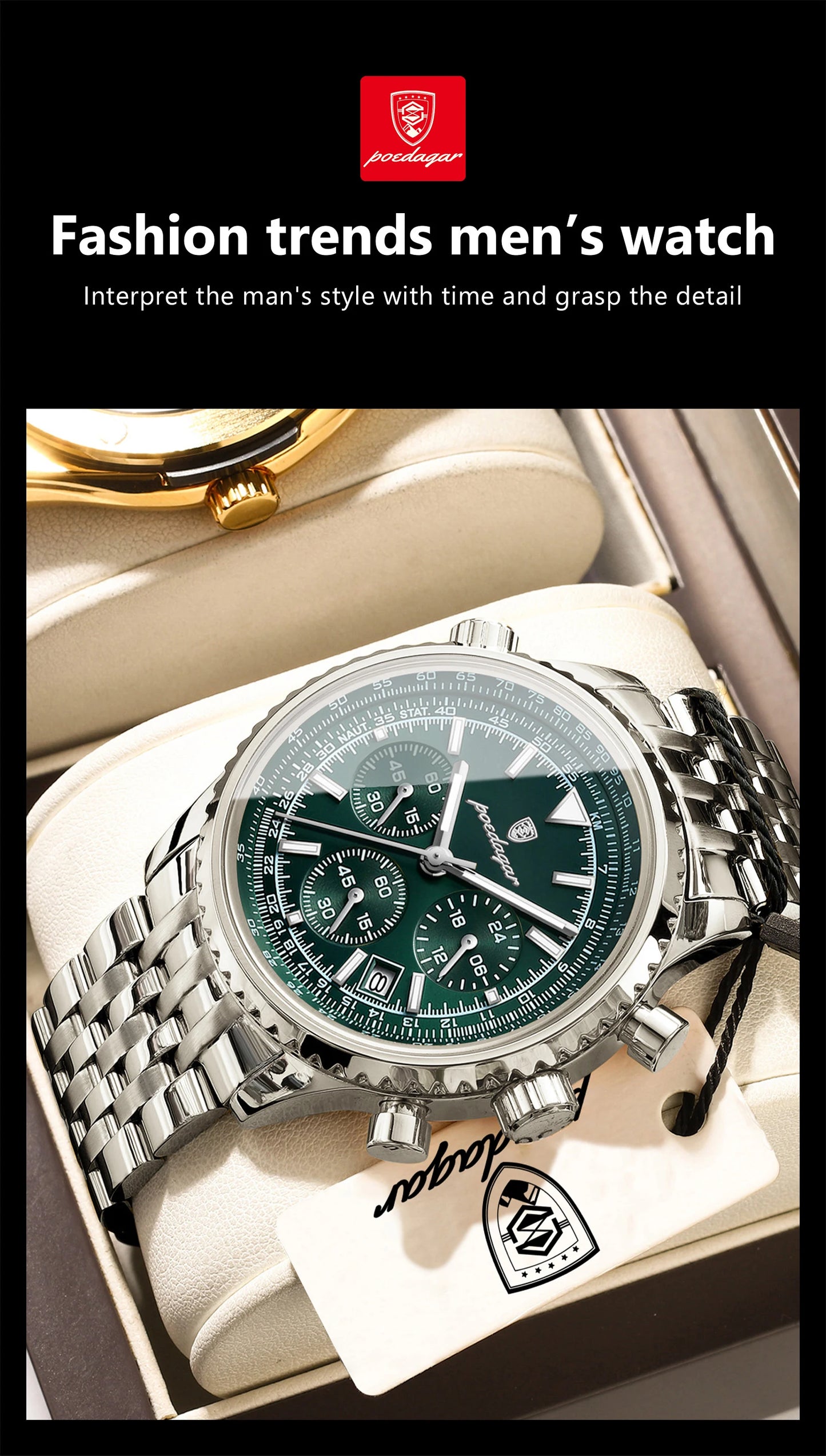 POEDAGAR 960 Men's Luxury Chronograph Watch - Stainless Steel, Luminous, 3ATM, Auto Date