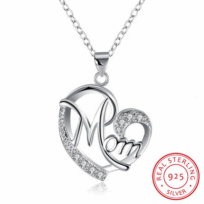Mom Heart Pendant Necklace – 925 Sterling Silver, AAA Zircon Crystal