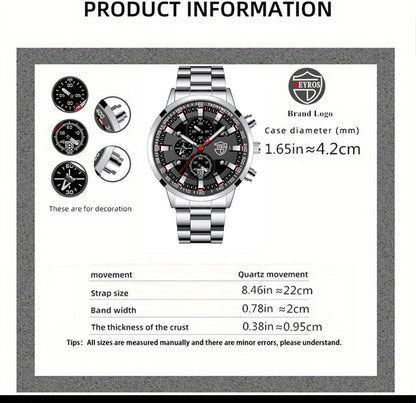 DEYROS Men's Luxury Quartz Watch - Stainless Steel Band, Numberless Dial, Bracelet Clasp