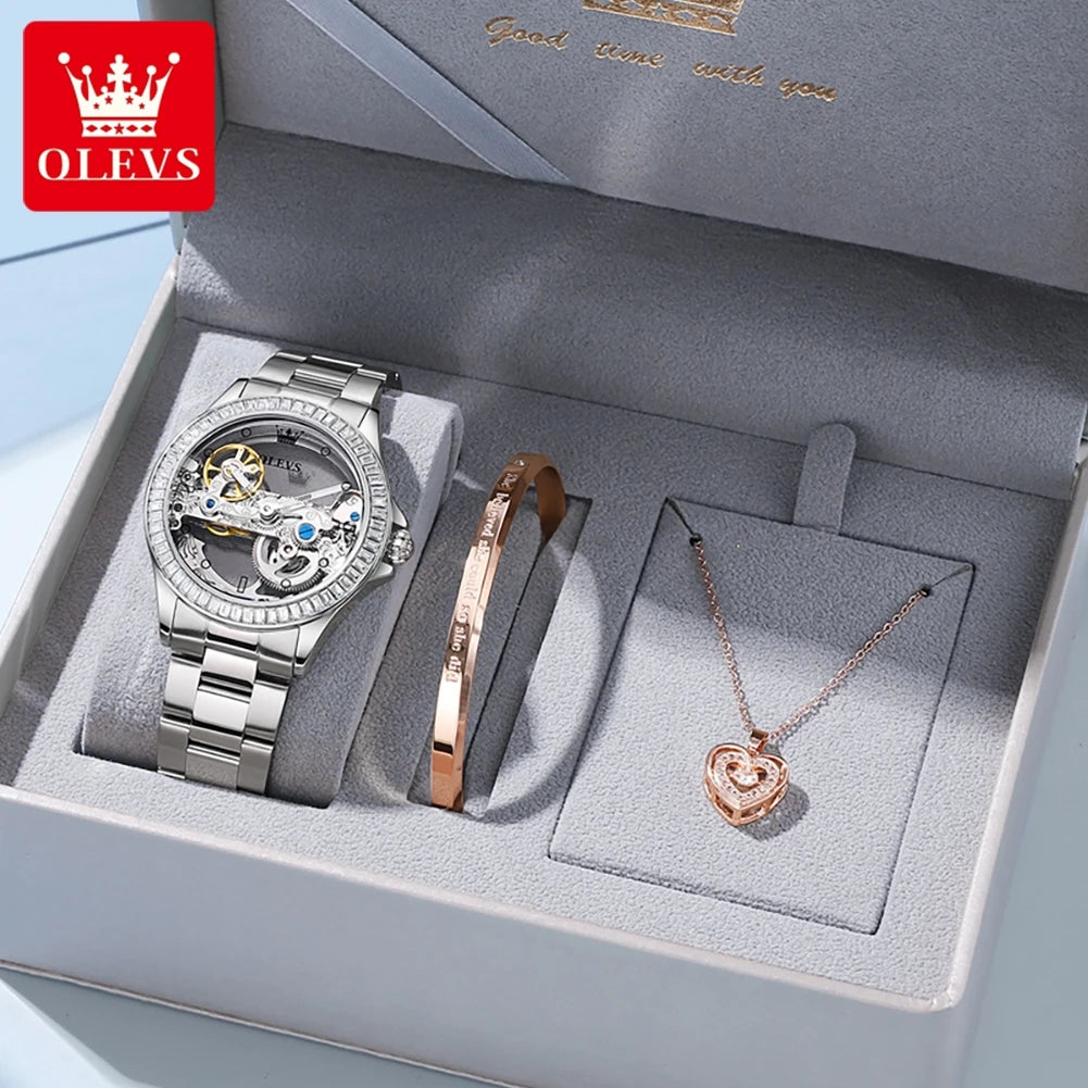 OLEVS 6699 Automatic Mechanical Watch - Transparent 40mm Big Dial, Bracelet Set, Luxury