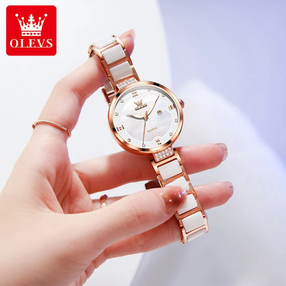 OLEVS 5589 Luxury Diamond Women's Watch - Ceramic Band, Roman Numeral, 3ATM, Bracelet Set