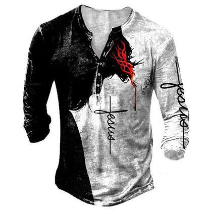 3D Wolf Men's T-Shirt - Polyester Long Sleeve Henry Collar