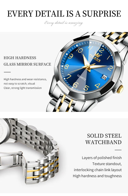 OLEVS 9970 Couple Watch - Luxury, Stainless Steel, Waterproof, Calendar, Digital Dial, Rhombus Mirror