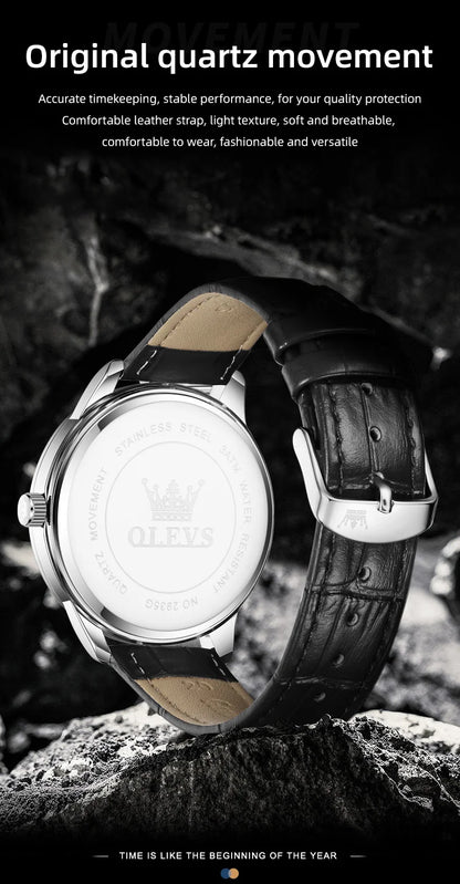 OLEVS 2935 Men's Watch - 43mm, Dual Calendar, Luminous, 3ATM Waterproof, Leather Strap