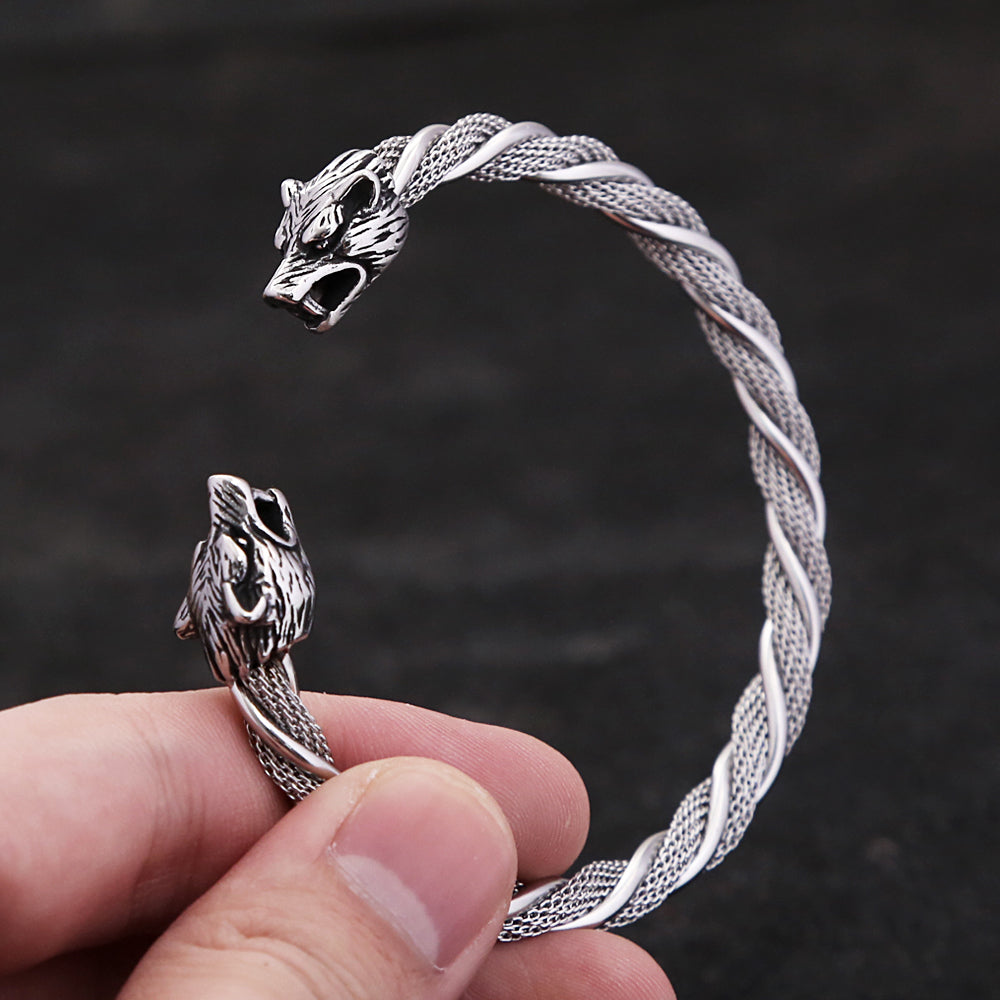 Viking Wolf Head Bracelet - Stainless Steel Open Cuff for Men