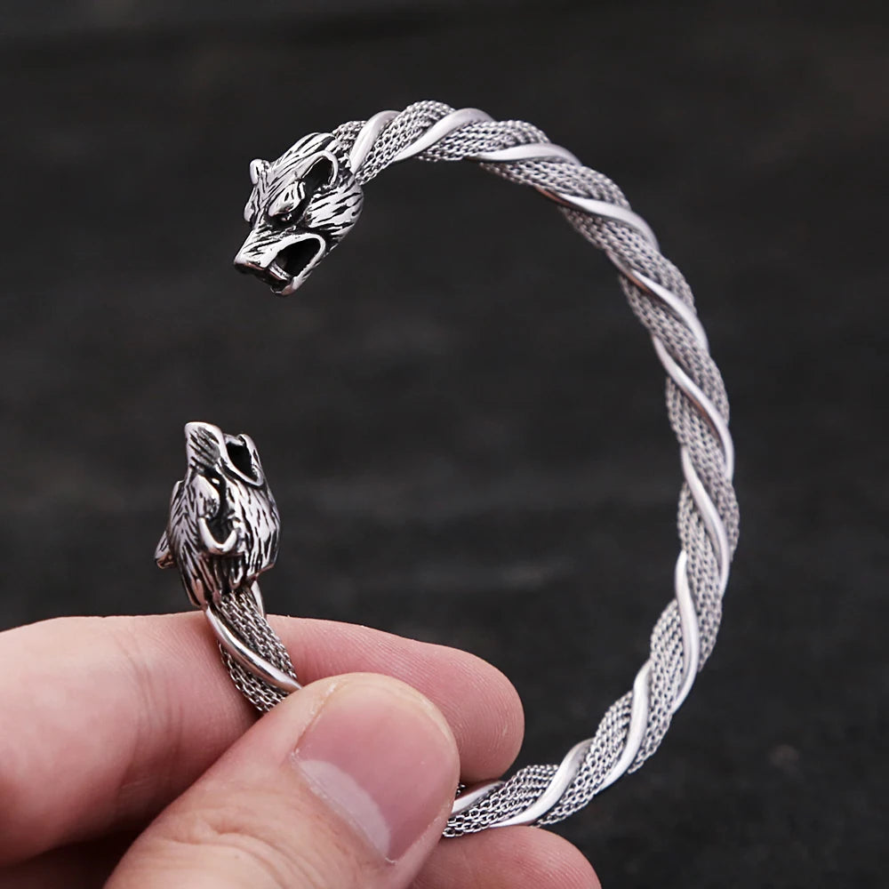 Viking Wolf Head Bracelet - Stainless Steel Open Cuff for Men