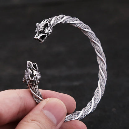 Viking Wolf Head Bracelet - Stainless Steel Open Cuff for Men