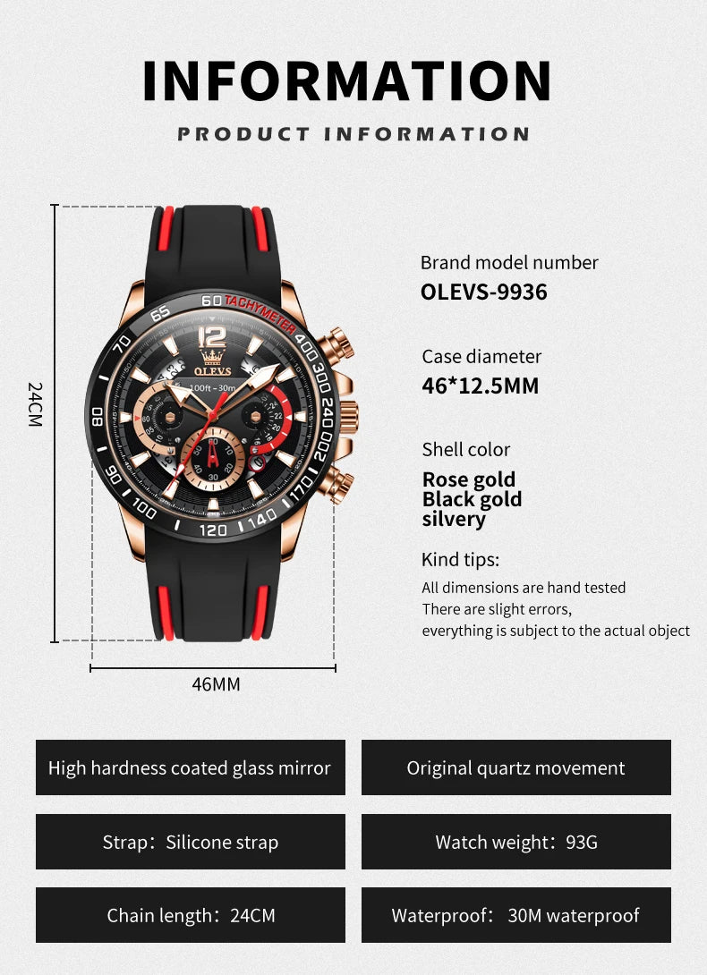 OLEVS 9936 Men's Watch - Luxury, Silicone Strap, Waterproof, Chronograph, Night Light