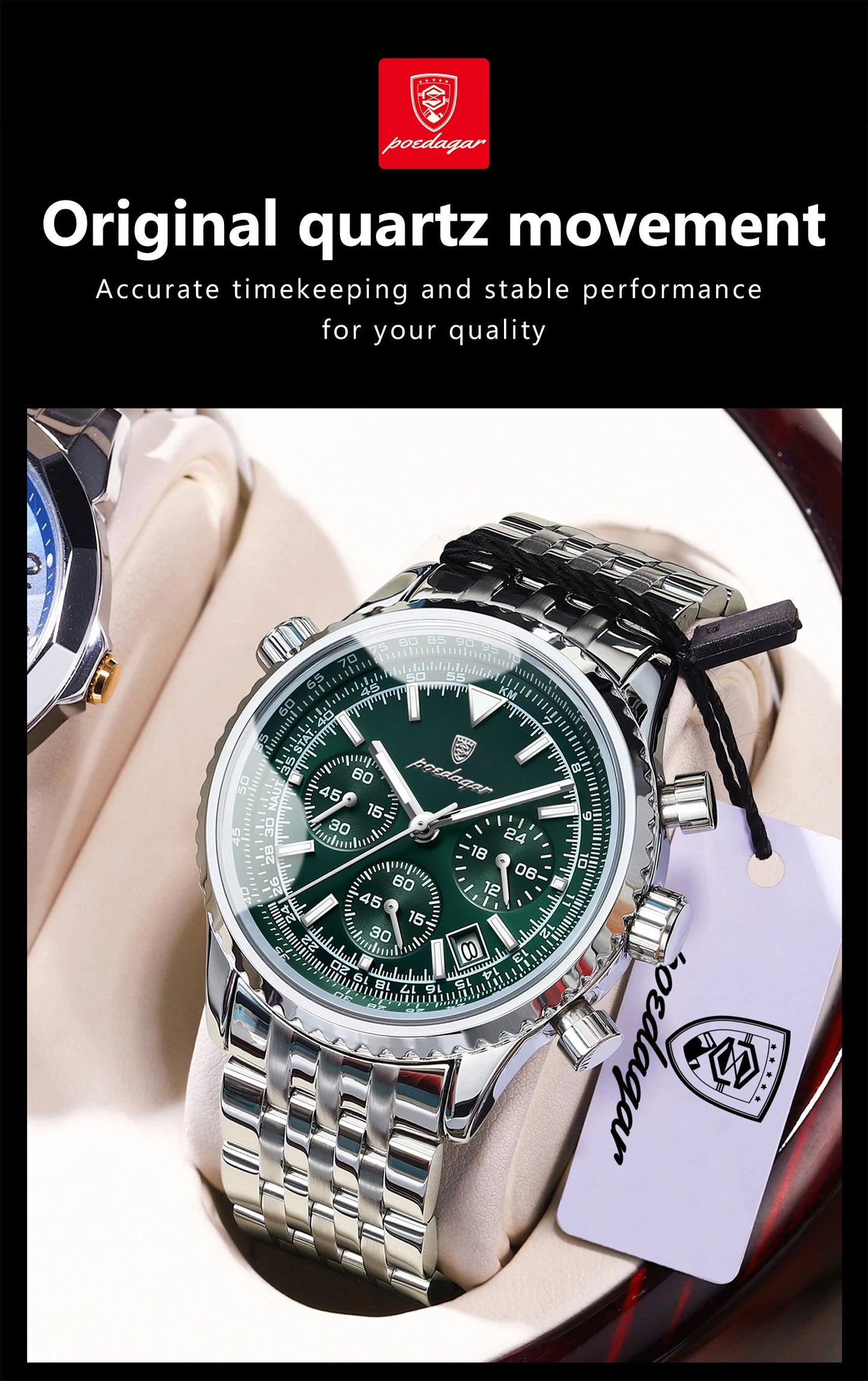 POEDAGAR 960 Men's Luxury Chronograph Watch - Stainless Steel, Luminous, 3ATM, Auto Date